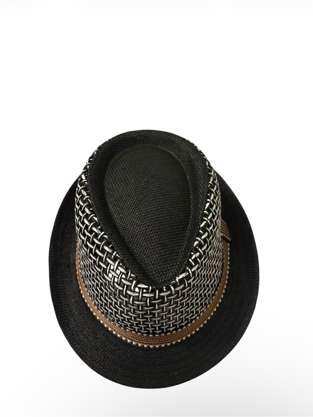 Woven Straw Trilby Hat with Brown Band - Black & Natural